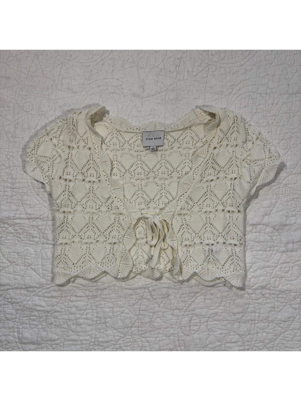 Cottagecore White Short Sleeve Cropped Knit Front Tie Cardigan Size small